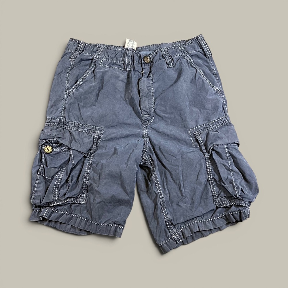 Y2K True Religion Cargo Shorts Mens 33 Navy Blue Big T Stitching Utility